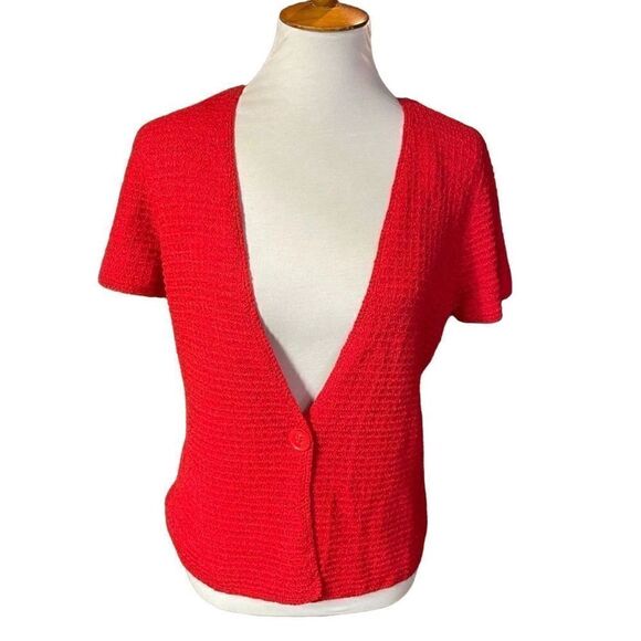 Jones New York Collection Red Short Sleeve One Button Closure Cardigan Size Peti - Picture 2 of 11
